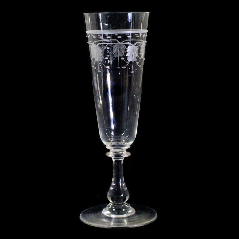 7 champagne flutes made of colorless glass with hand engraving, Theresienthal around 1890-1900