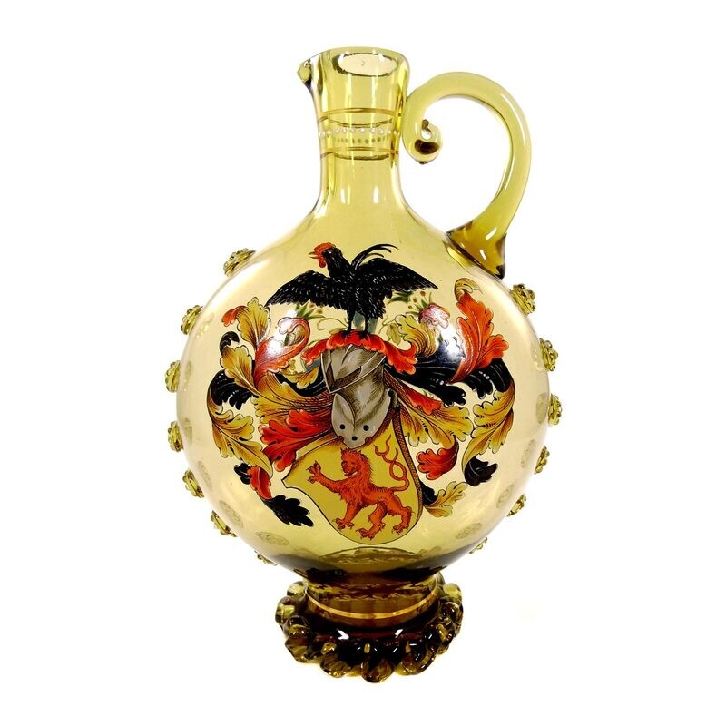 Handled jug made of green-brown glass with coat of arms in enamel painting, Theresienthal