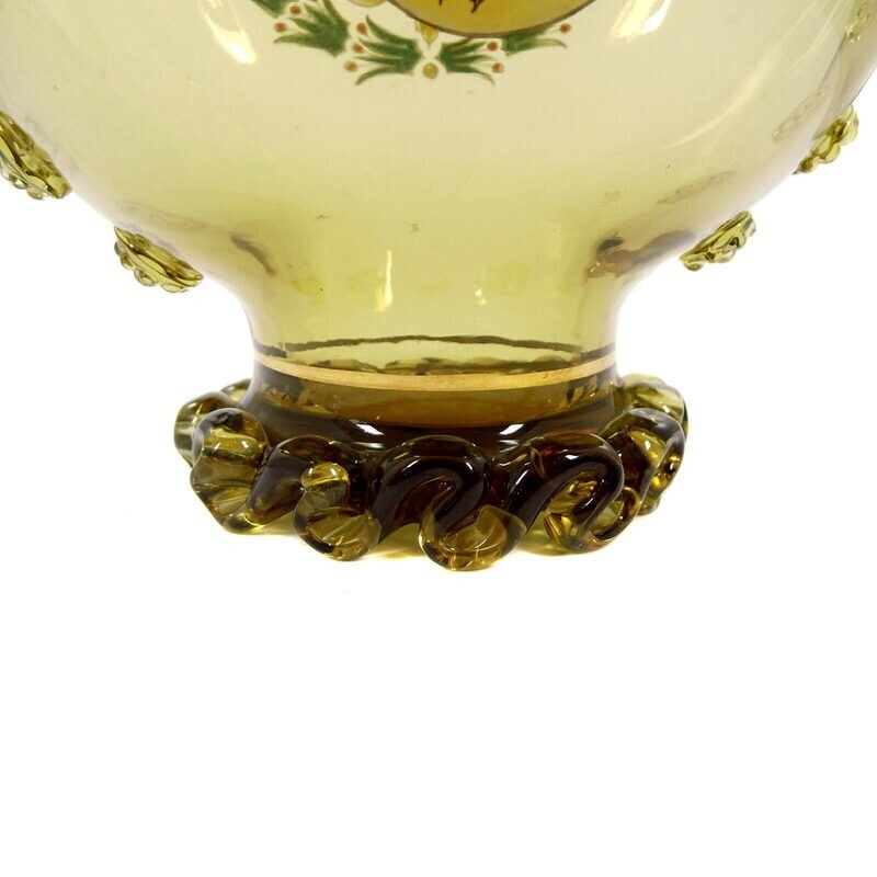 Handled jug made of green-brown glass with coat of arms in enamel painting, Theresienthal