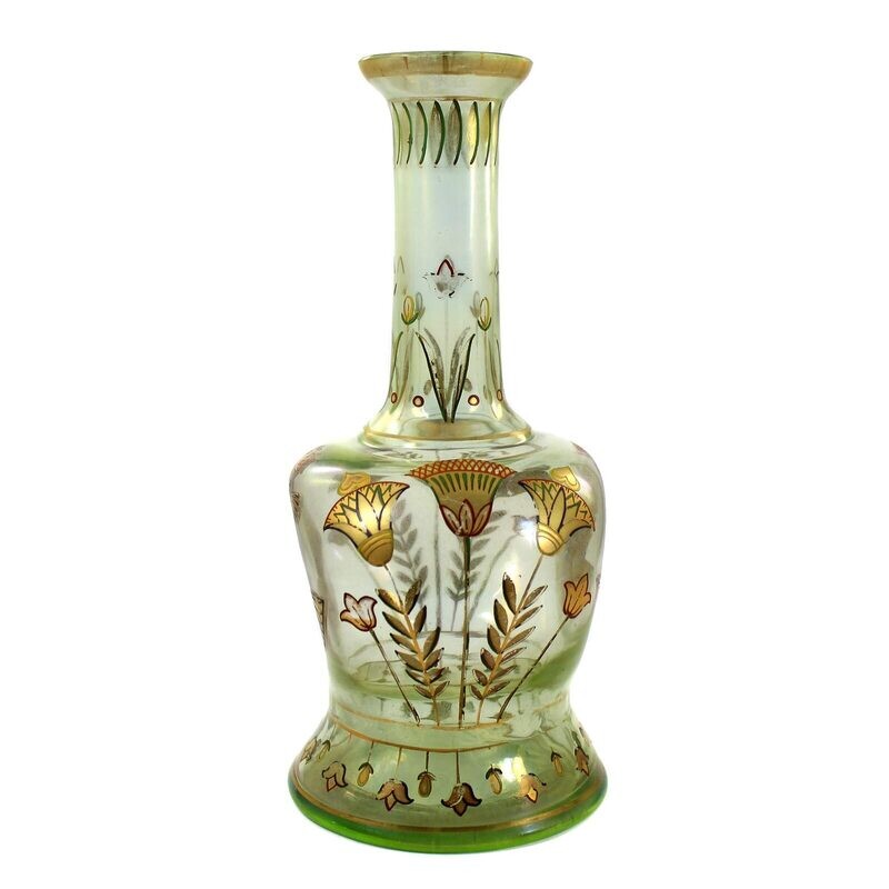 Bottle vase made of light green glass with Egyptian motifs, F. Heckert around 1898