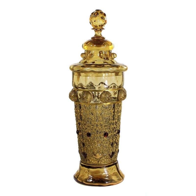 Lidded cup with filigree brass fittings, Fritz Heckert, designed by A. Heyden around 1884
