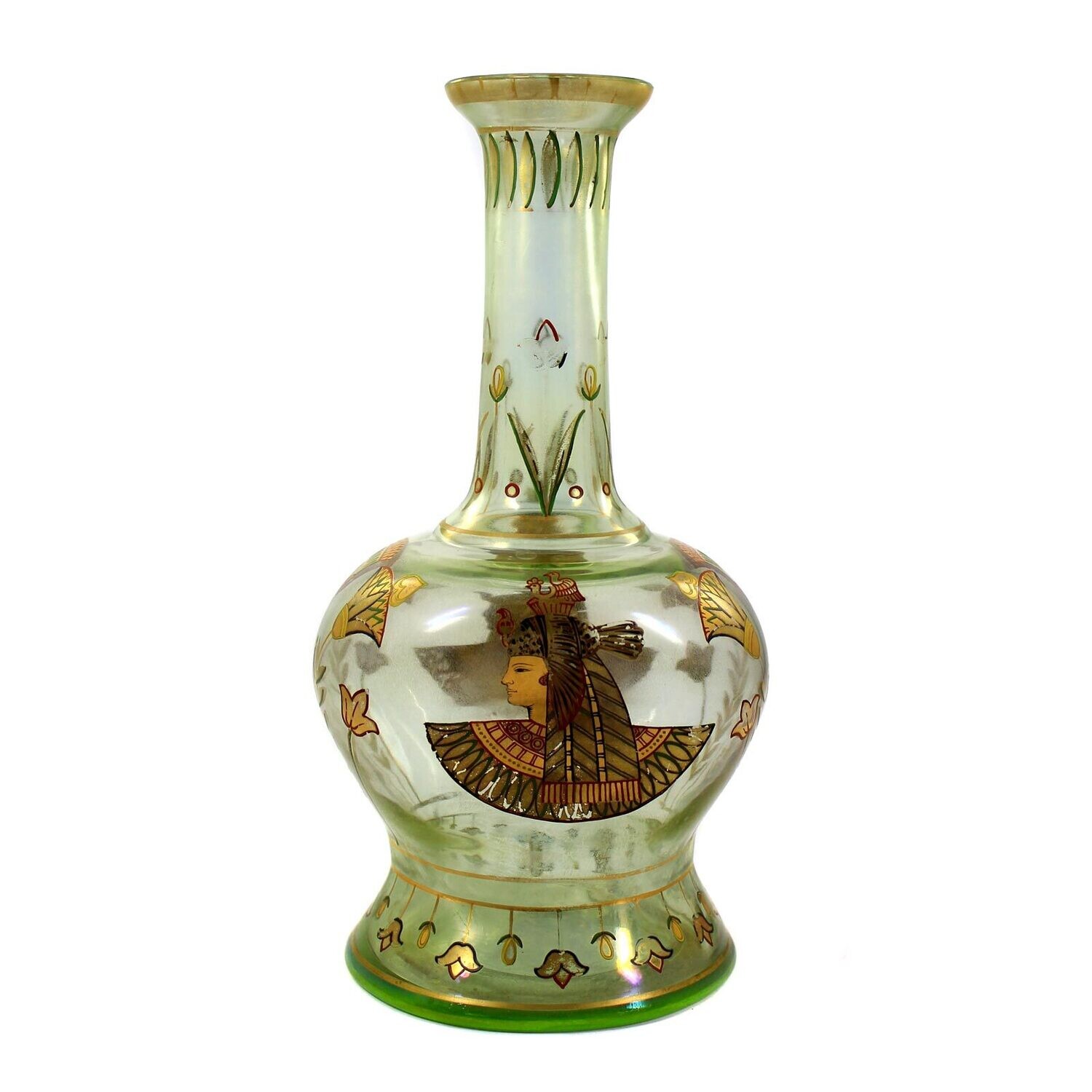Bottle vase made of light green glass with Egyptian motifs, F. Heckert around 1898