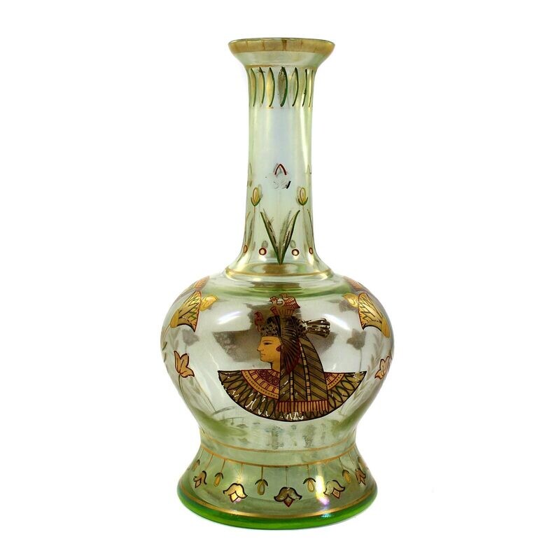 Bottle vase made of light green glass with Egyptian motifs, F. Heckert around 1898
