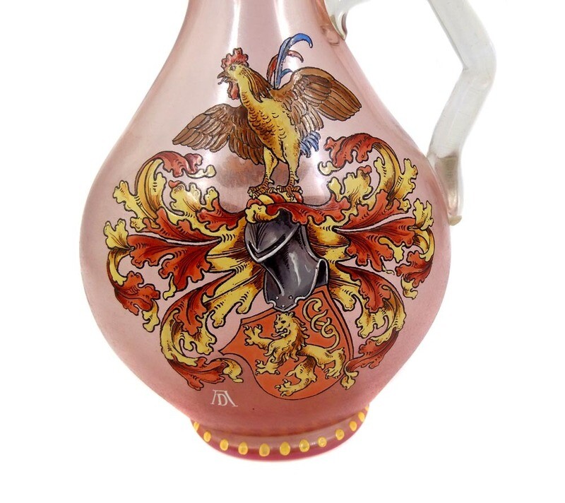 Rooster jug with enameled coat of arms, Fritz Heckert / van Hauten around 1885