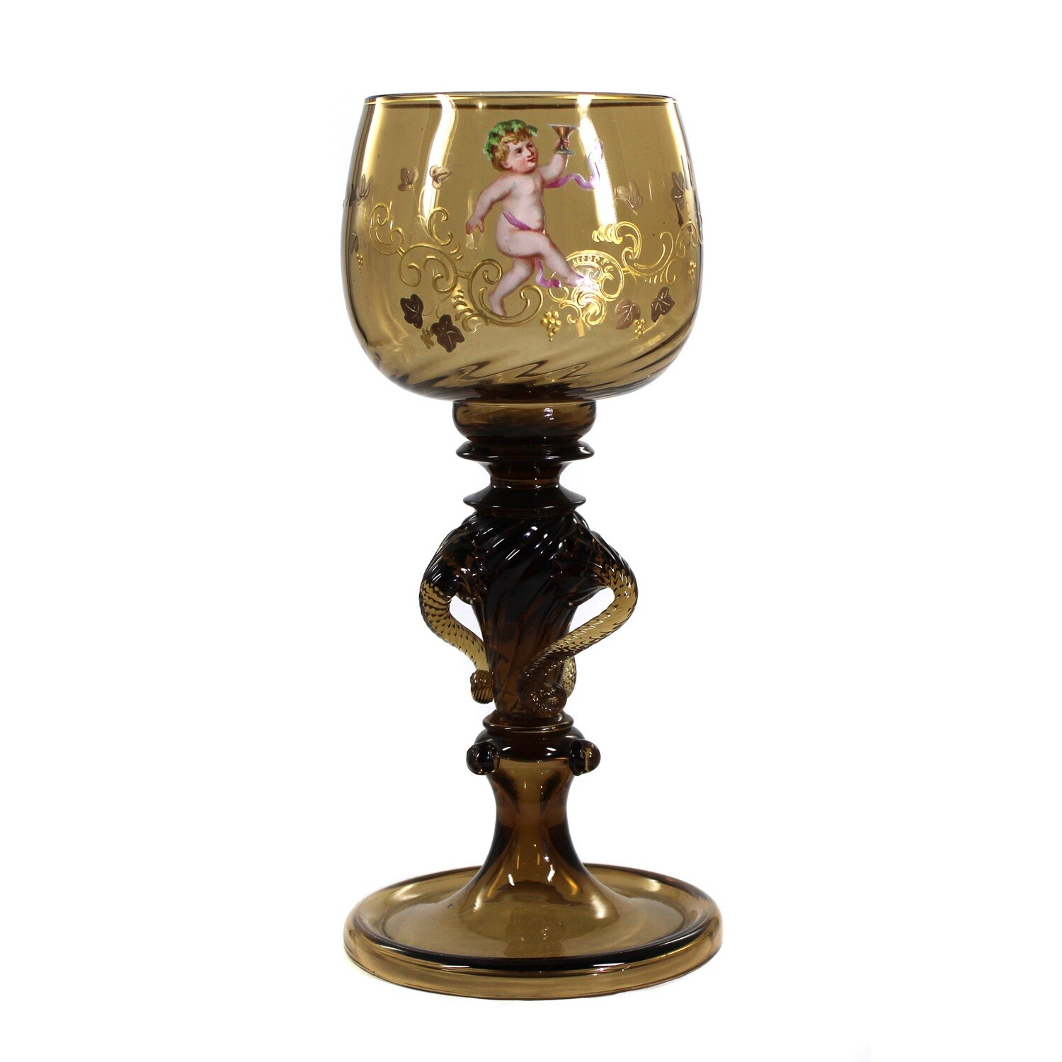Cup with twisted applications and putto in gold and enamel painting, Heckert