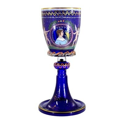 Seltener Renaissance Pokal mit Wellenrand aus blauem Glas, Fritz Heckert um 1870