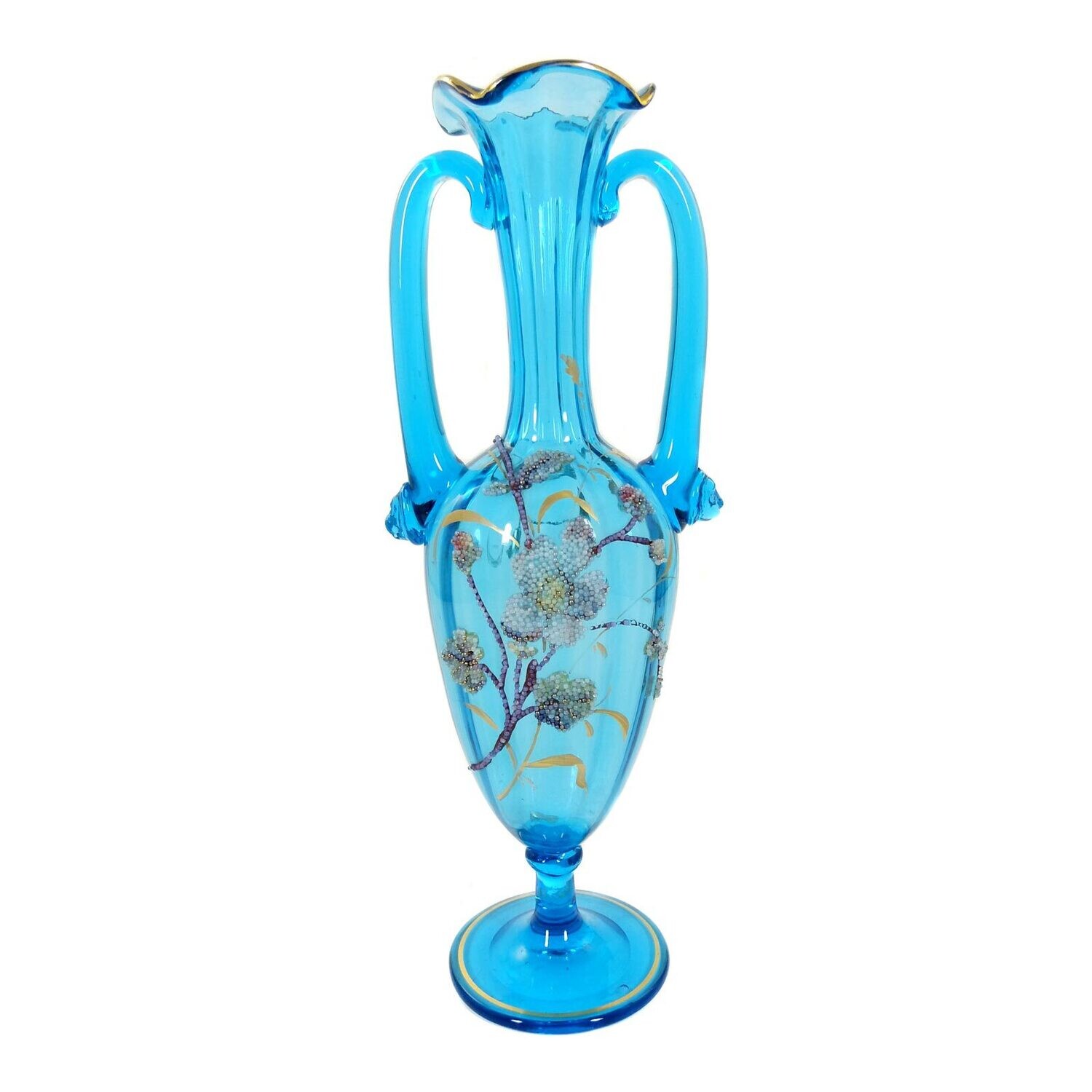 Vase made of aquamarine blue glass with applied glass beads, Fritz Heckert, signed
