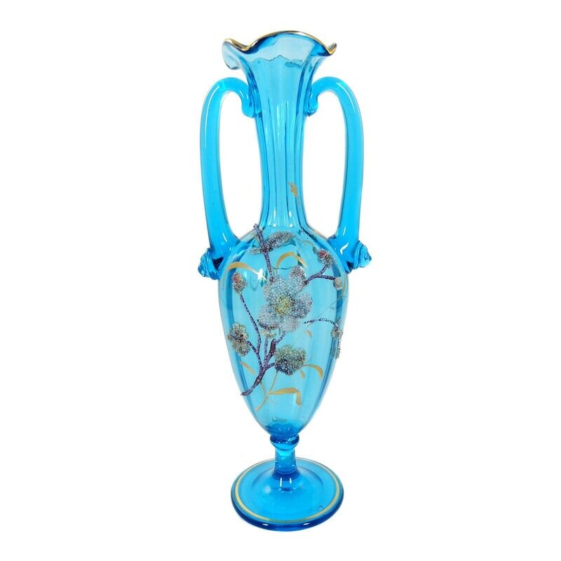 Vase made of aquamarine blue glass with applied glass beads, Fritz Heckert, signed