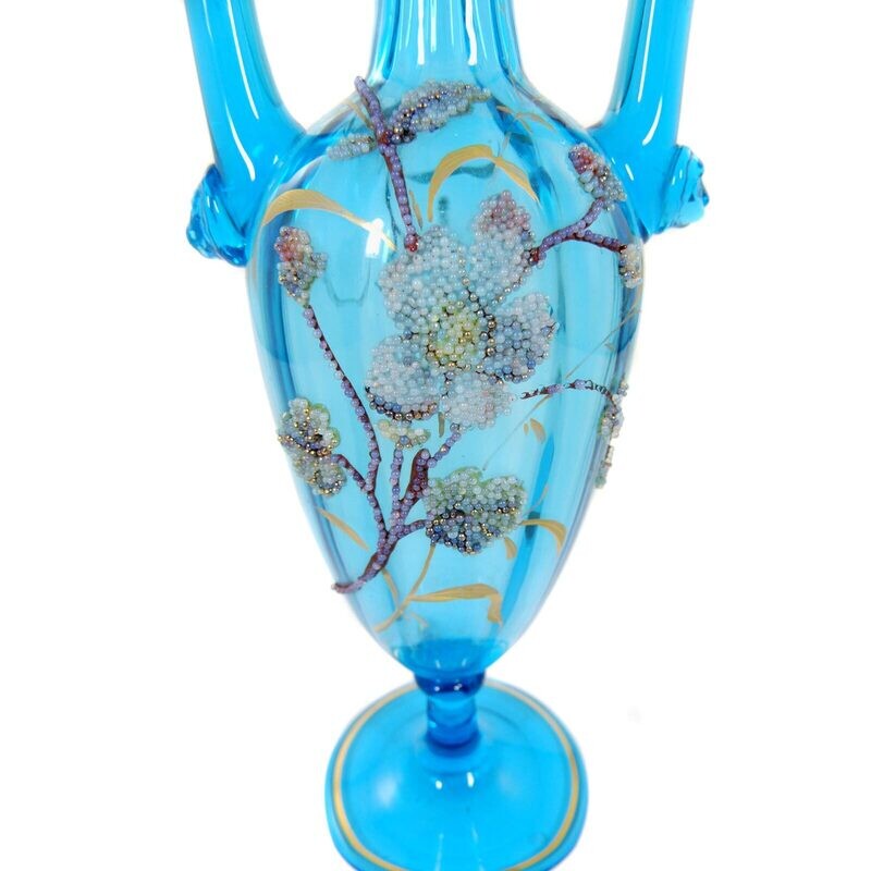 Vase made of aquamarine blue glass with applied glass beads, Fritz Heckert, signed