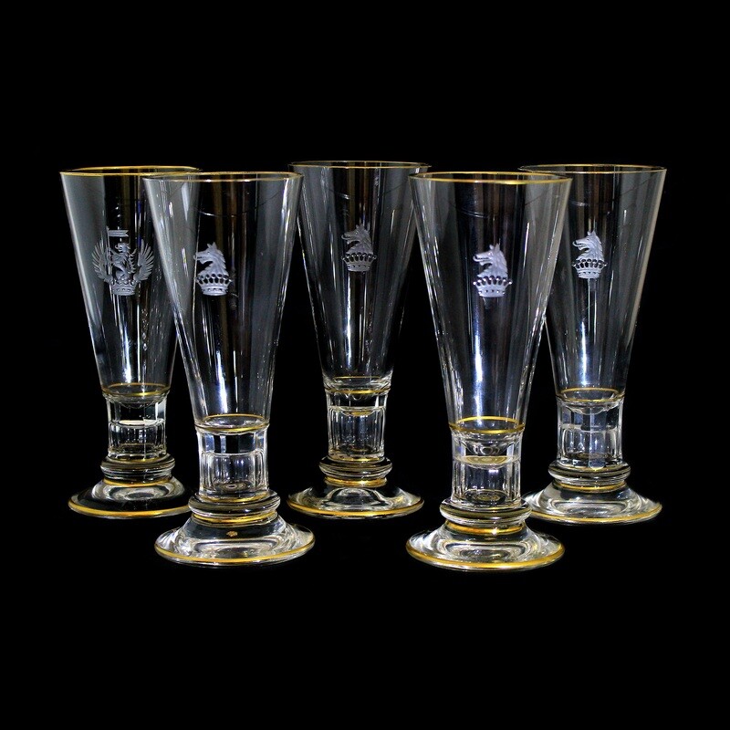 1st of 5 champagne glasses with coat of arms of a Prussian nobleman, signed Lobmeyr.