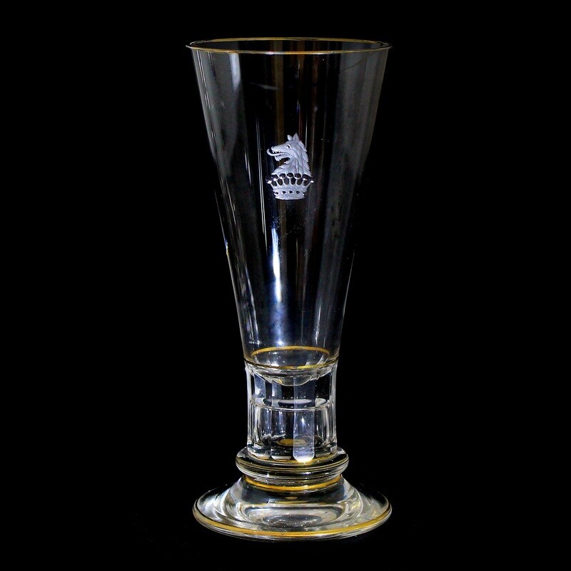 1st of 5 champagne glasses with coat of arms of a Prussian nobleman, signed Lobmeyr.