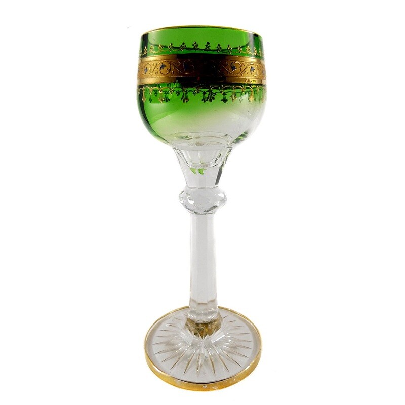 1st of 6. Wine glass with relief gold and translucent enamel, signed Moser, around 1897