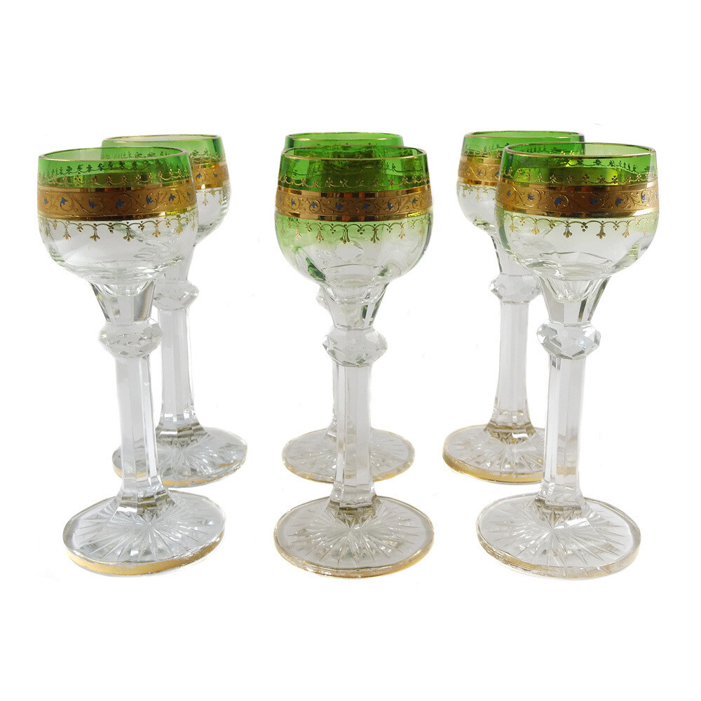 1st of 6. Wine glass with relief gold and translucent enamel, signed Moser, around 1897