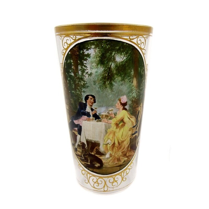 Champagne cup with colorful enamel painting and gold decoration, Moser