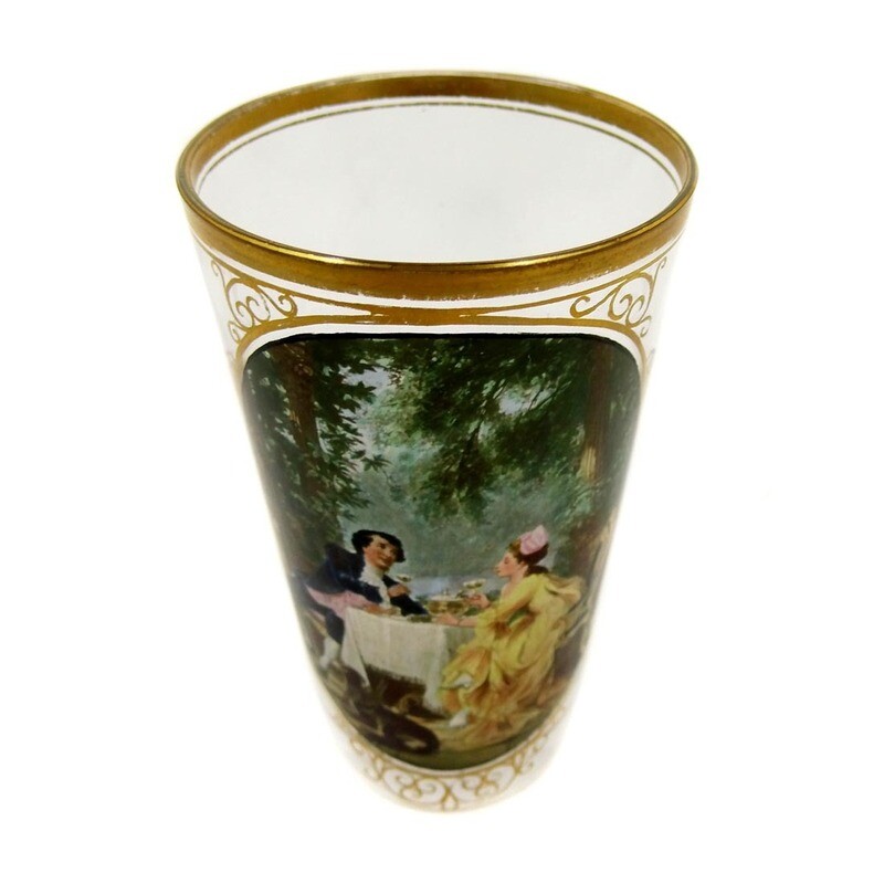 Champagne cup with colorful enamel painting and gold decoration, Moser
