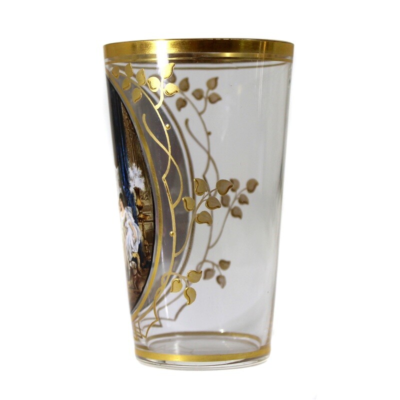 Champagne cup with a gallant scene in enamel painting and gold decoration, Moser around 1895