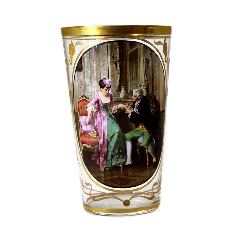 Champagne cup with a gallant scene in enamel painting and gold decoration, Moser around 1895