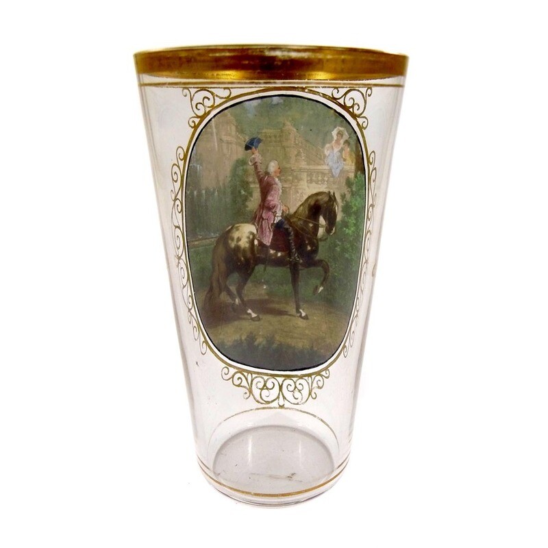 Champagne cup with colorful enamel painting and gold decoration, Moser