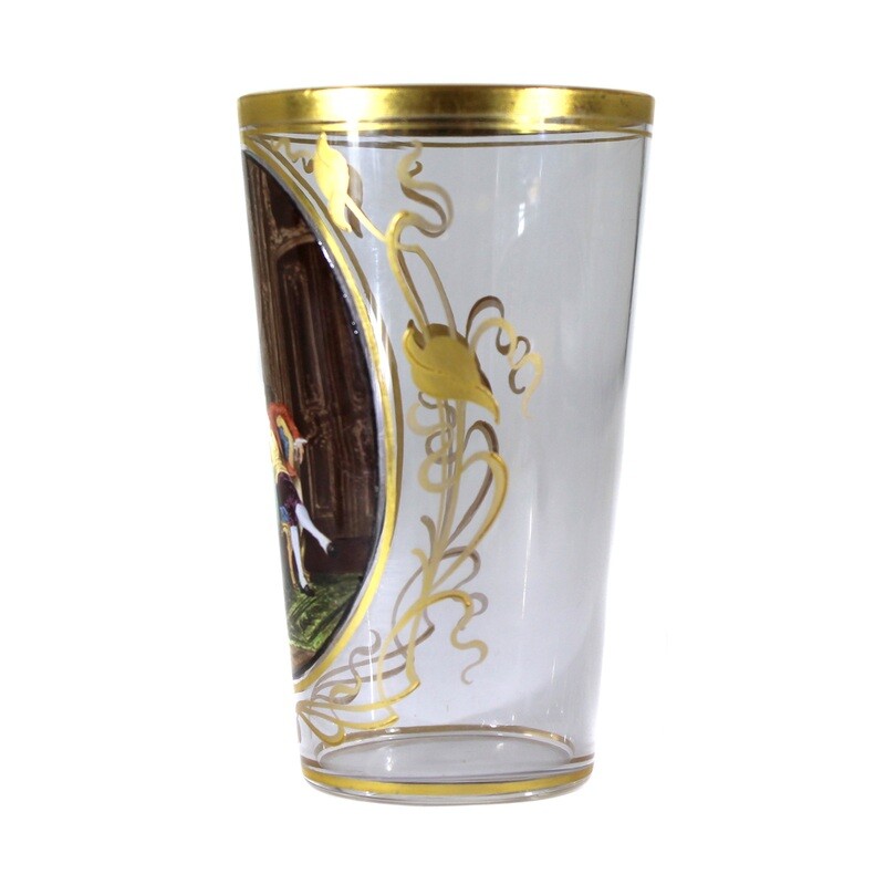 Champagne cup with a gallant scene in enamel painting and gold decoration, Moser around 1895