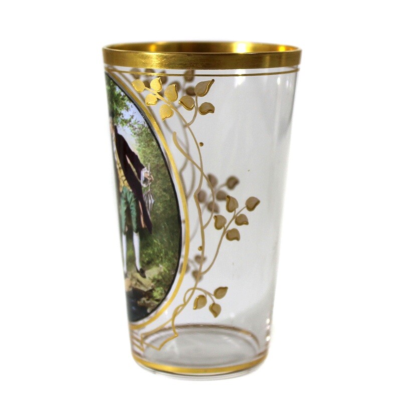 Champagne cup with a gallant scene in enamel painting and gold decoration, Moser around 1895