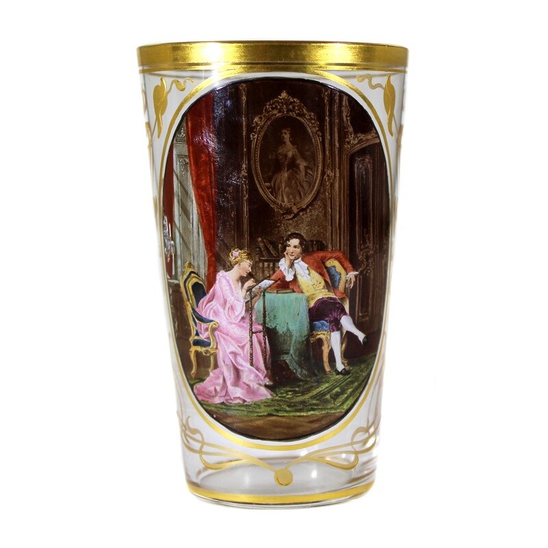 Champagne cup with a gallant scene in enamel painting and gold decoration, Moser around 1895