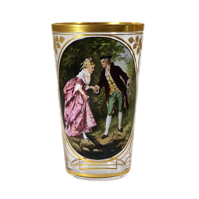 Champagne cup with a gallant scene in enamel painting and gold decoration, Moser around 1895