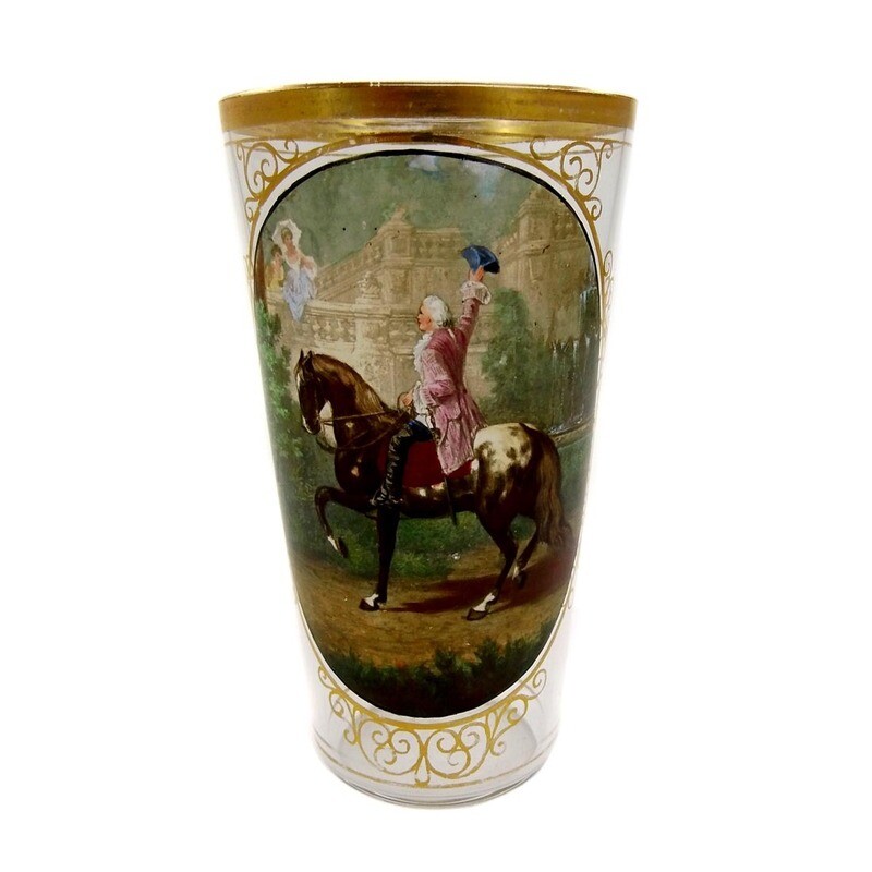 Champagne cup with colorful enamel painting and gold decoration, Moser