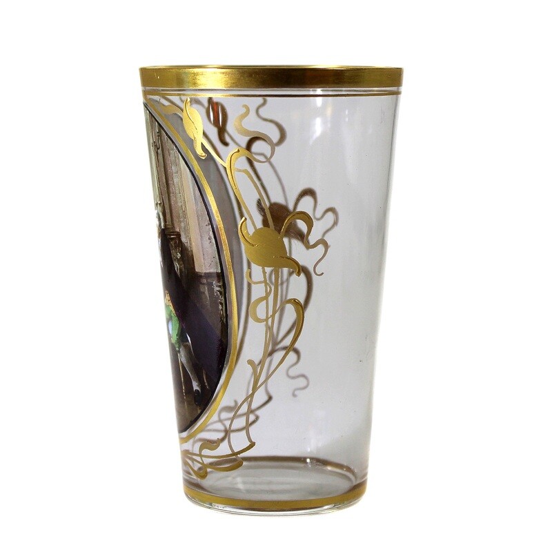 Champagne cup with a gallant scene in enamel painting and gold decoration, Moser around 1895