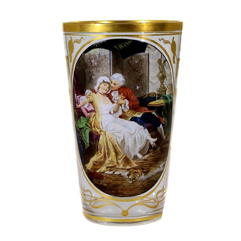 Champagne cup with a gallant scene in enamel painting and gold decoration, Moser around 1895