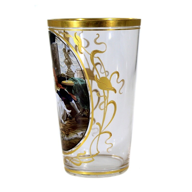 Champagne cup with a gallant scene in enamel painting and gold decoration, Moser around 1895