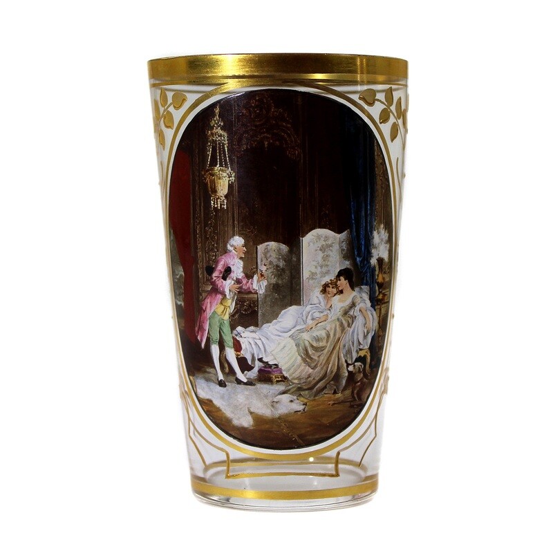 Champagne cup with a gallant scene in enamel painting and gold decoration, Moser around 1895