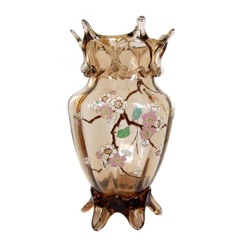 Large vase made of smoky brown glass with opaque enamel painting, France or Bohemia