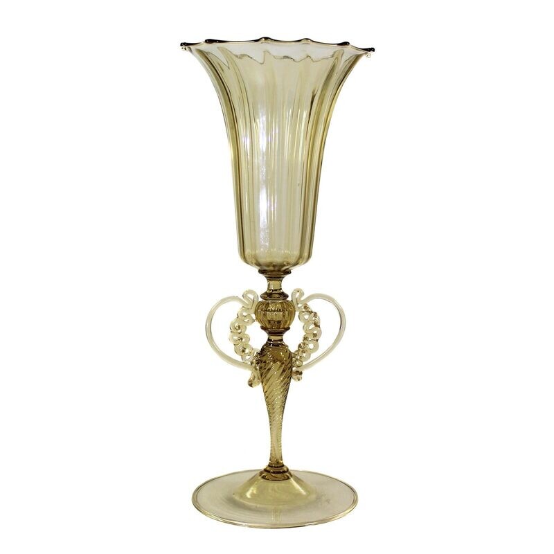 High decorative cup made of topaz-colored glass in the style of the winged cups, Salviati