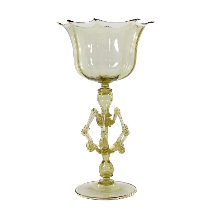 Decorative cup made of topaz-colored glass in the style of the winged cups, Salviati Murano