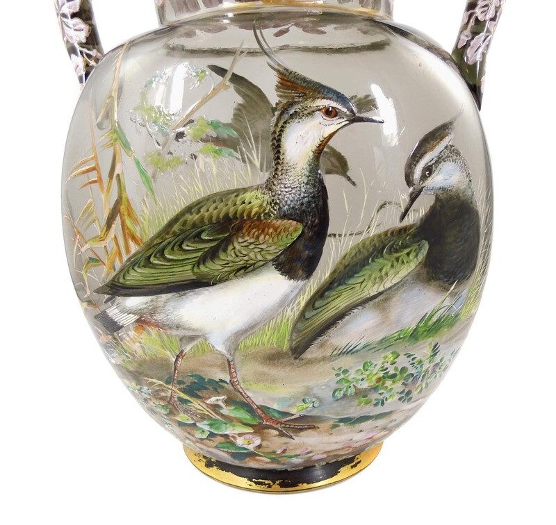 Rare double-handled vase with wild birds, Cristallerie Meistersdorf around 1880