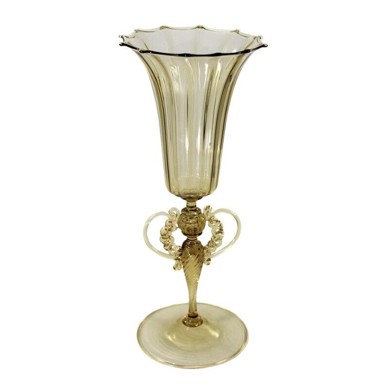 High decorative cup made of topaz-colored glass in the style of the winged cups, Salviati