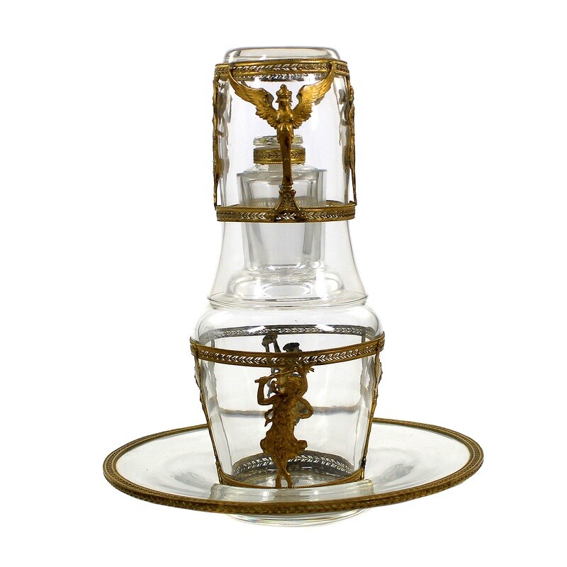 Decanter with stopper, mug, plate with brass fittings, probably France around 1870