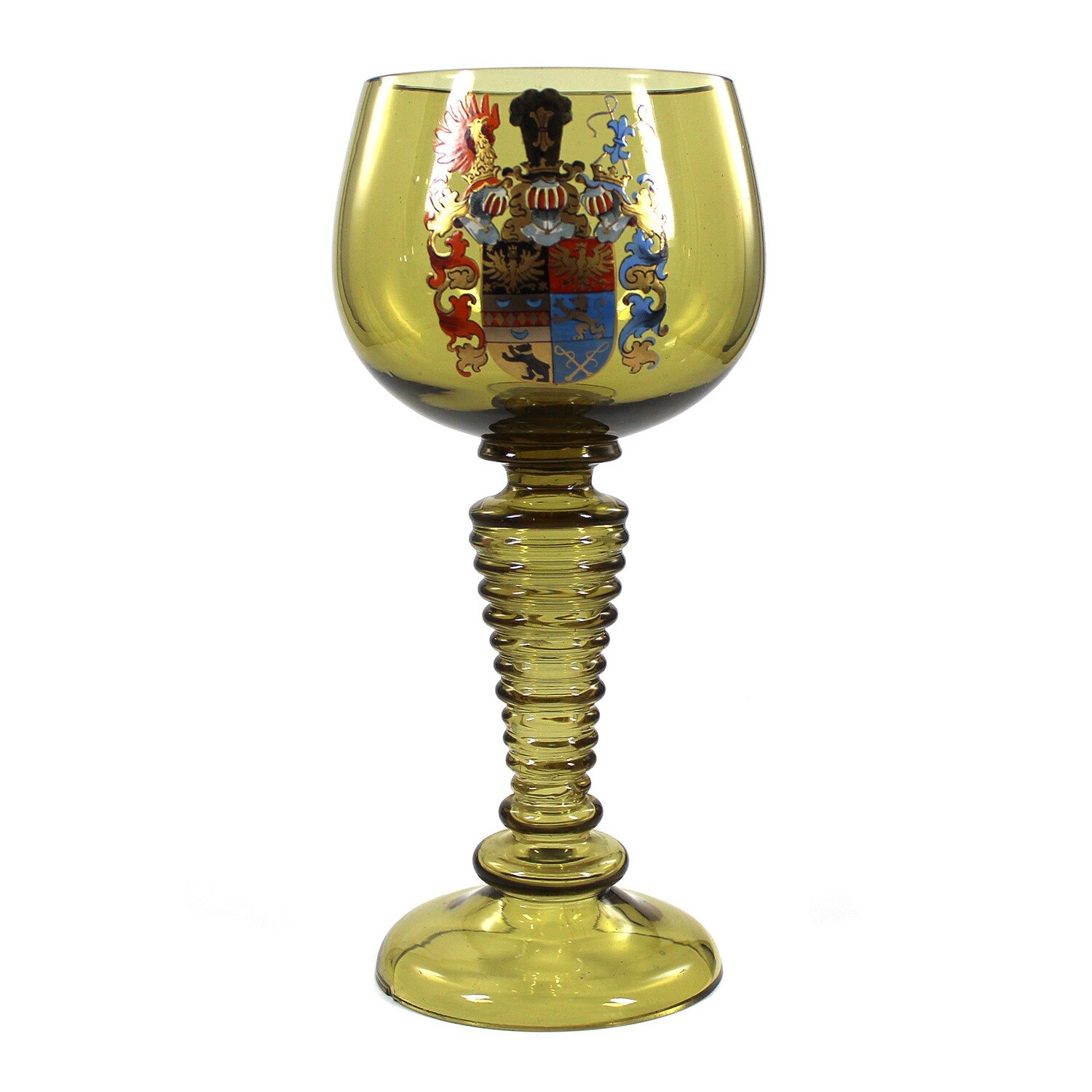 Romans made of green-brown crystal glass with coat of arms in opaque enamel around 188