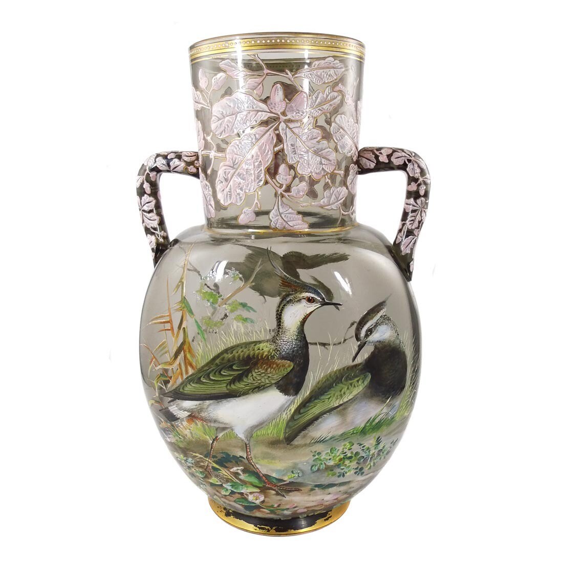 Seltene Doppelhenkelvase mit Wildvögeln, Cristallerie Meistersdorf um 1880