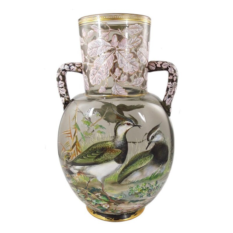 Rare double-handled vase with wild birds, Cristallerie Meistersdorf around 1880