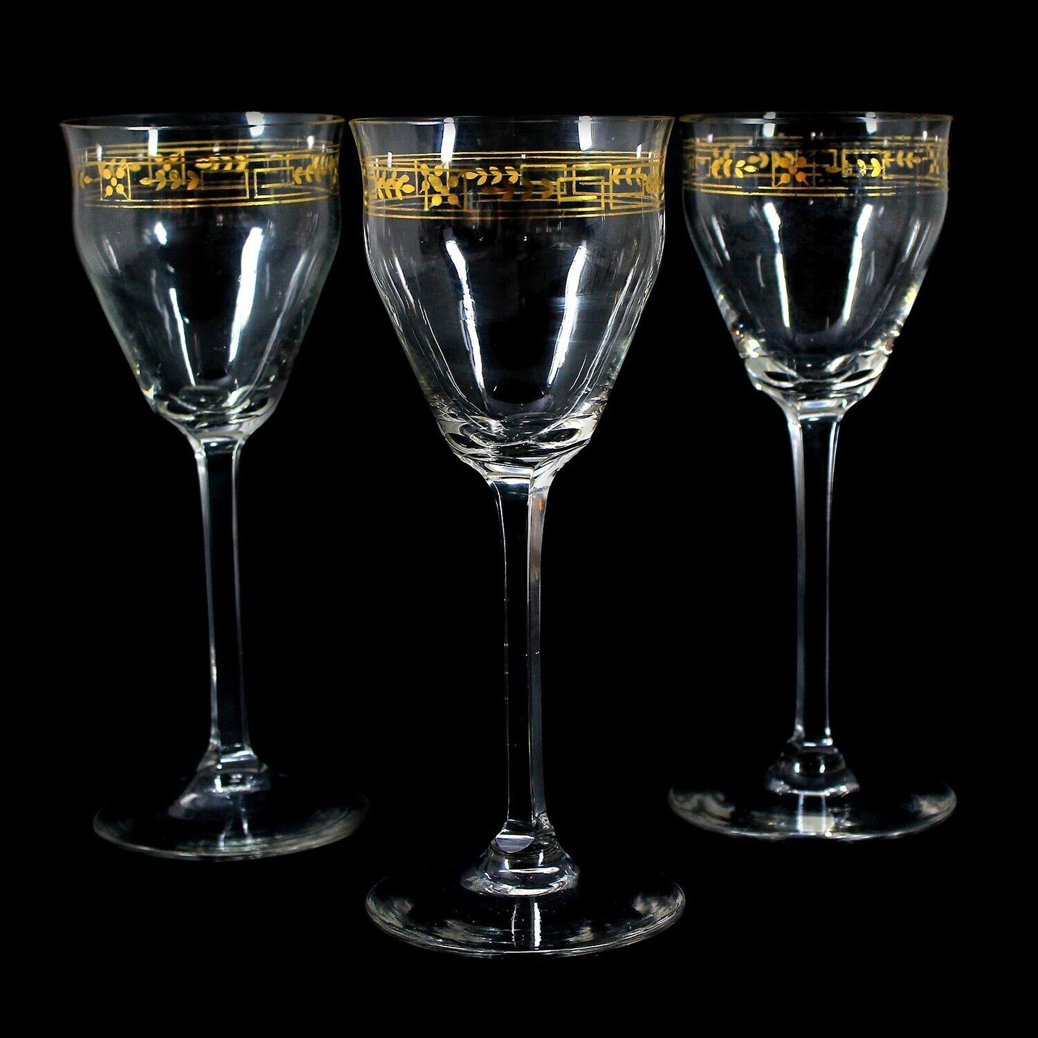 1st of 3. Stem glass made of colorless glass with gold decoration, Theresienthal around 1905