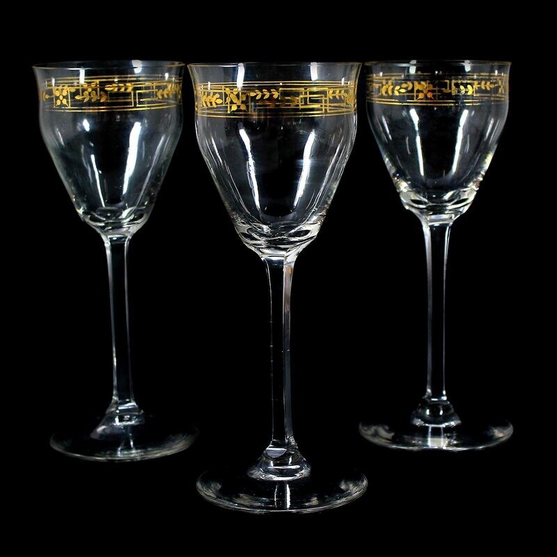 1st of 3. Stem glass made of colorless glass with gold decoration, Theresienthal around 1905