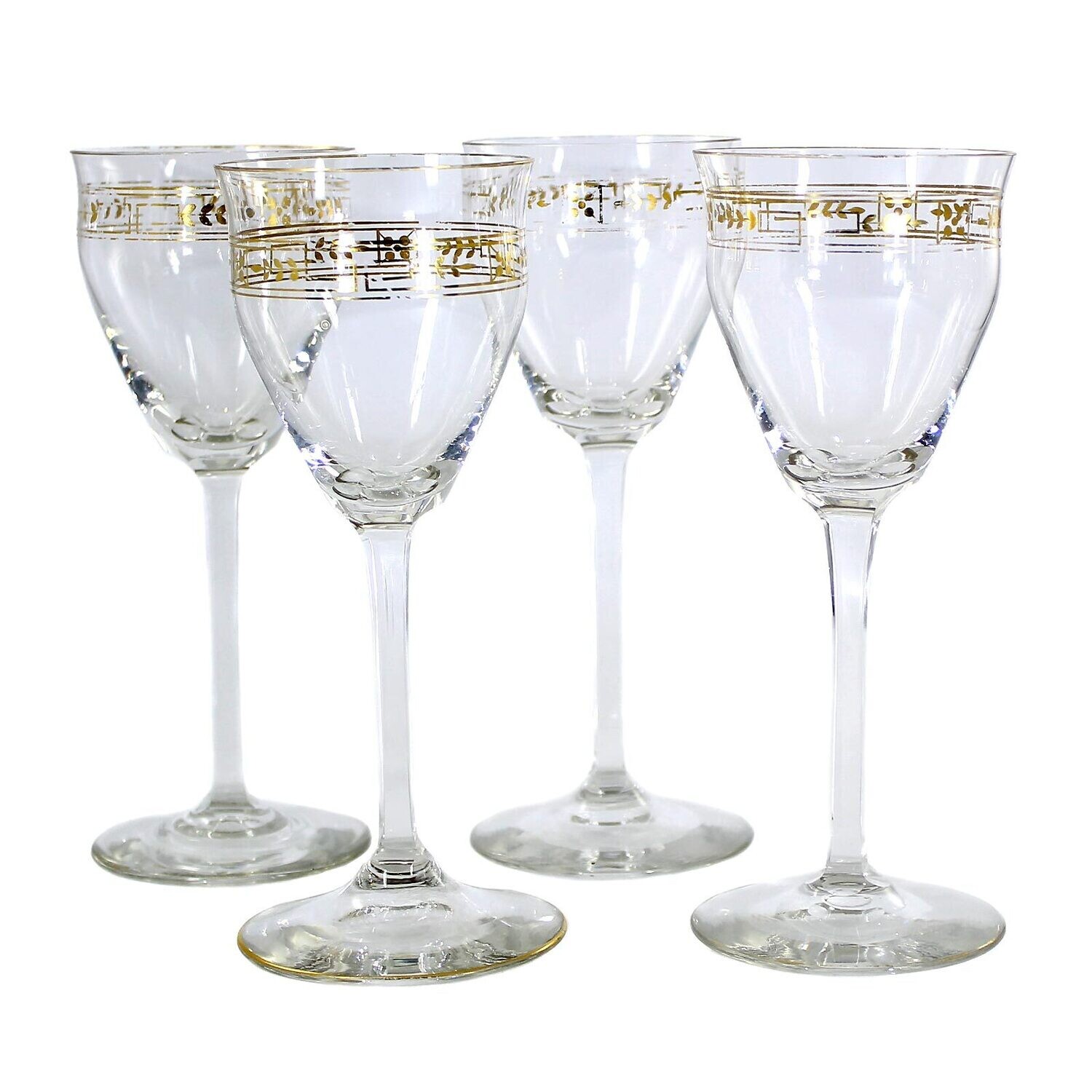 1st of 4 stem glasses made of colorless glass with gold decoration, Theresienthal around 1905