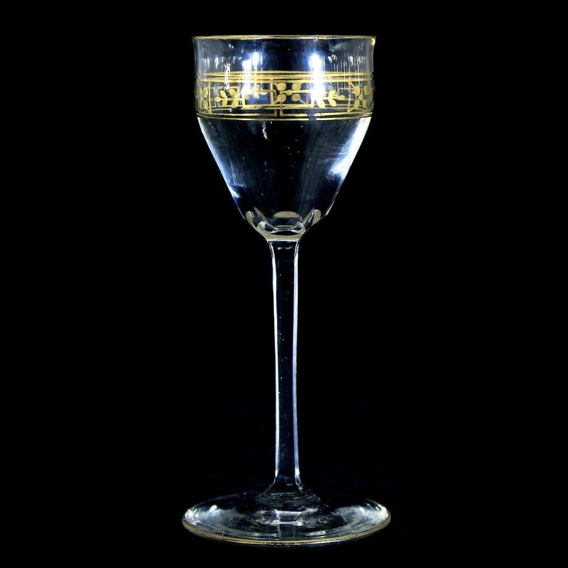 1st of 5th liqueur glass made of colorless glass with gold decoration, Theresienthal around 1905