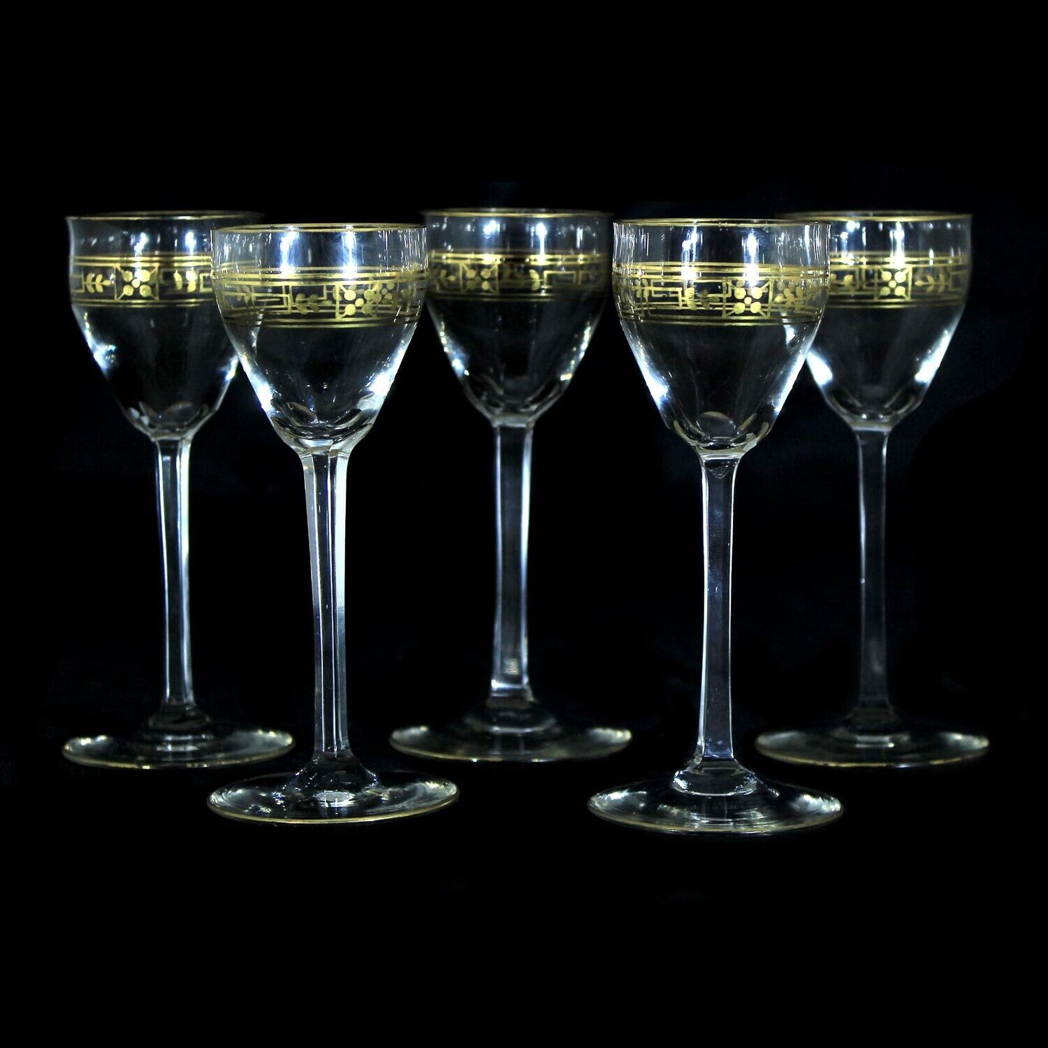 1st of 5th liqueur glass made of colorless glass with gold decoration, Theresienthal around 1905