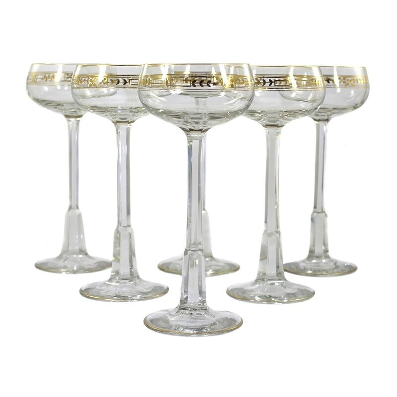 6 stem glasses made of colorless glass with gold decoration, Theresienthal around 1905, form 1849