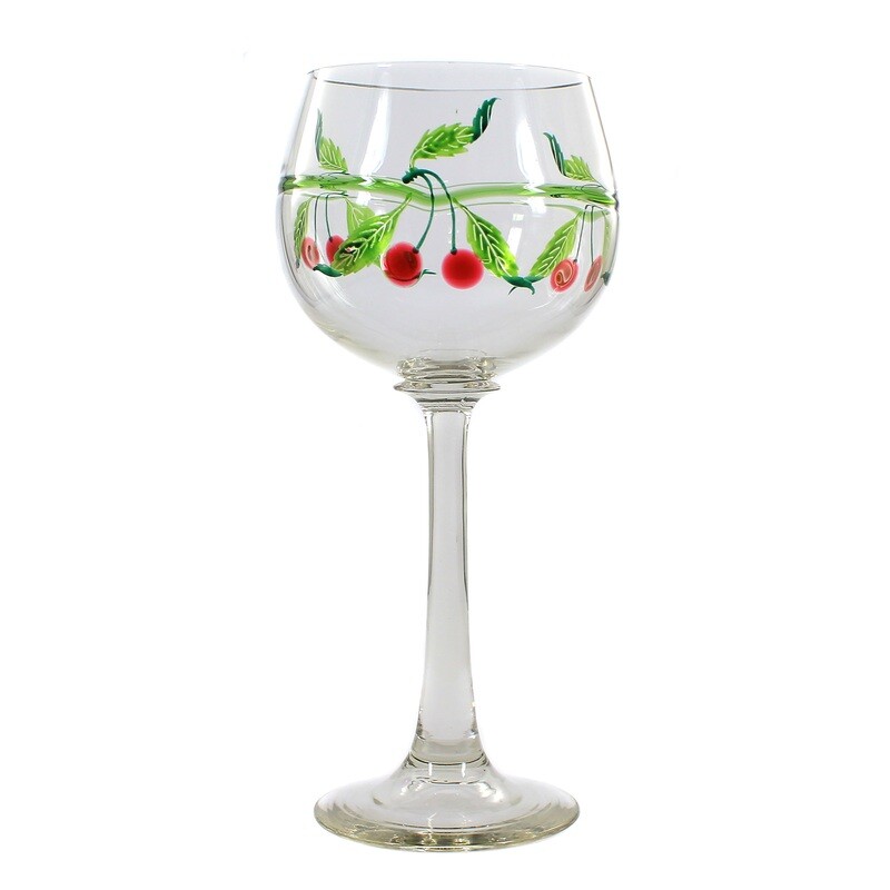 Very large stemmed glass with green glass threads &amp; red cherries, Theresienthal