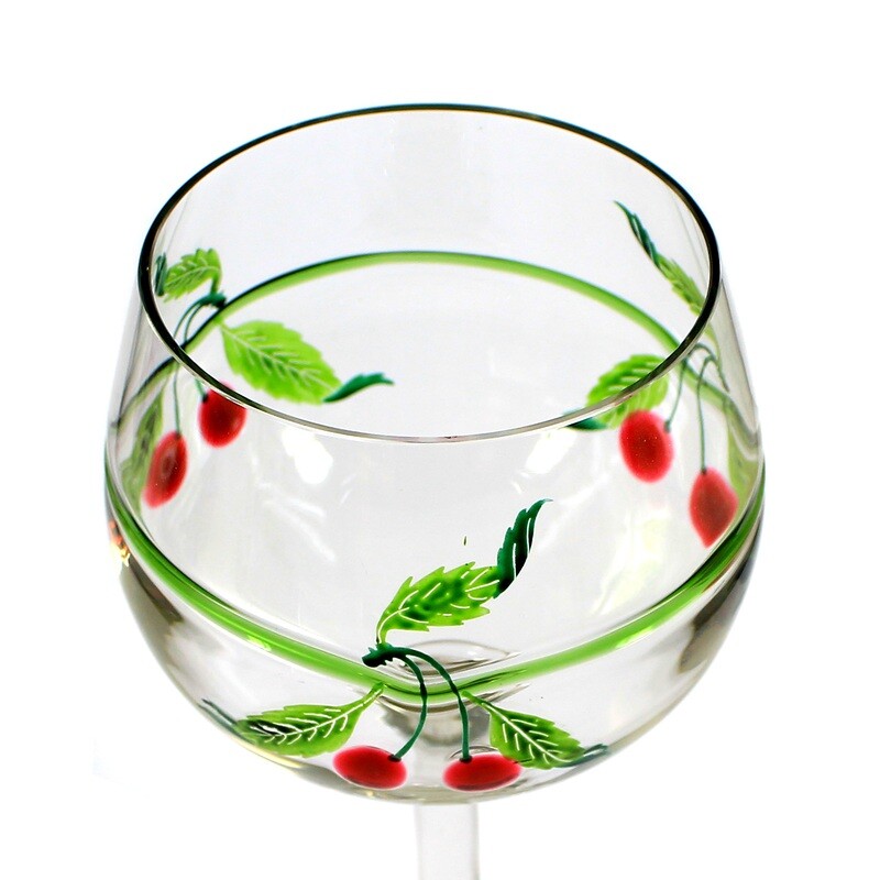 Very large stemmed glass with green glass threads &amp; red cherries, Theresienthal