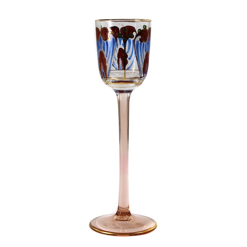 Stem glass / liqueur glass with translucent enamel painting, Theresienthal around 1910