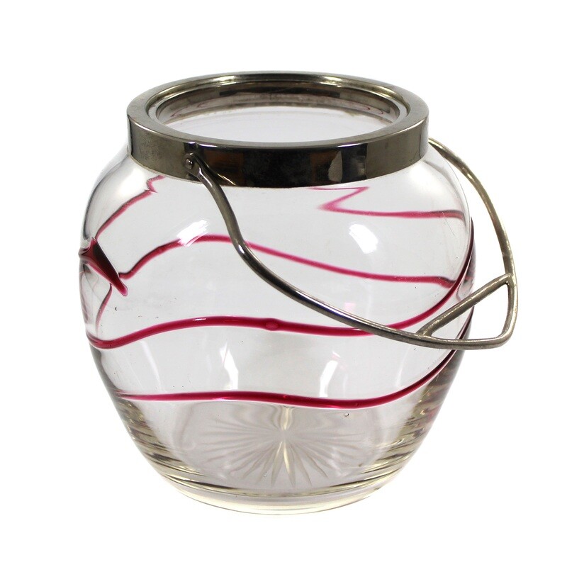 Lidded box made of colorless glass with applied red glass thread, Bavarian Forest